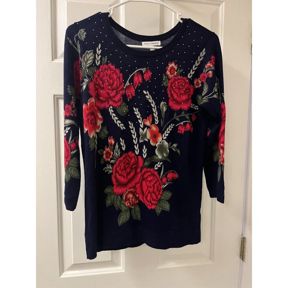 Emily Daniels Navy Blue Floral Rose Rhinestone 3/4 Sleeve Knit Sweater Small